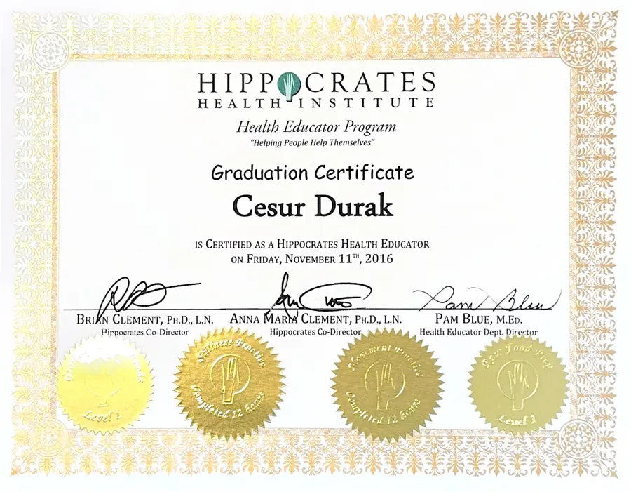 Certificat Health Educator emis de Hippocrates Health Institute
