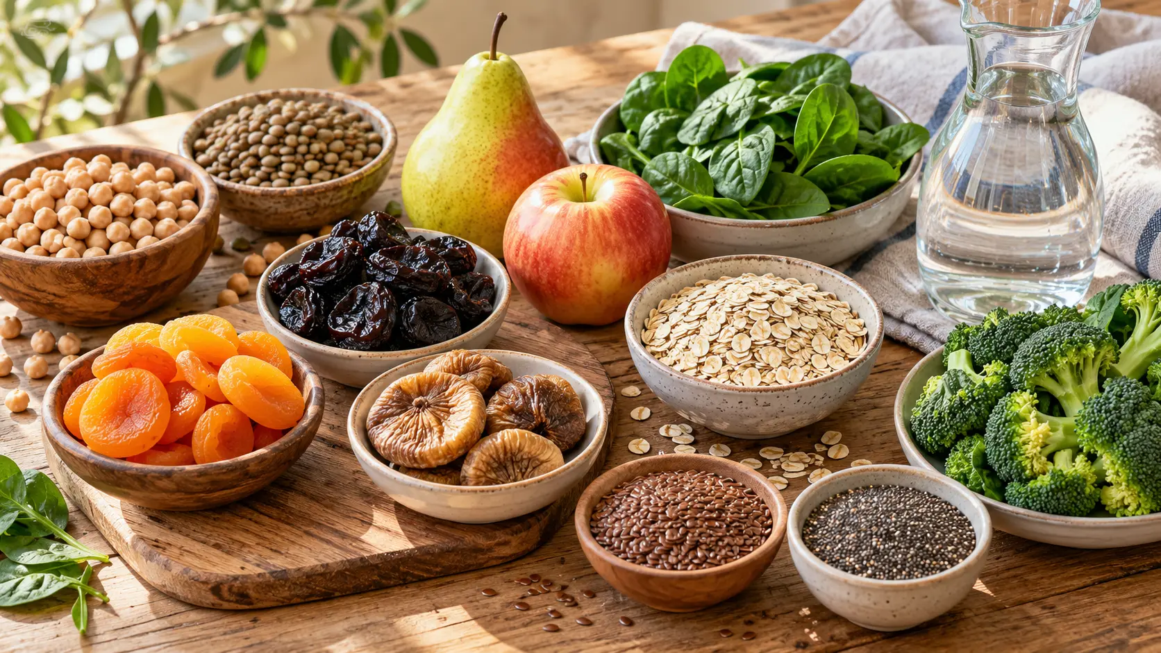Prune, caise, smochine, ovăz, leguminoase, fructe, legume și apă